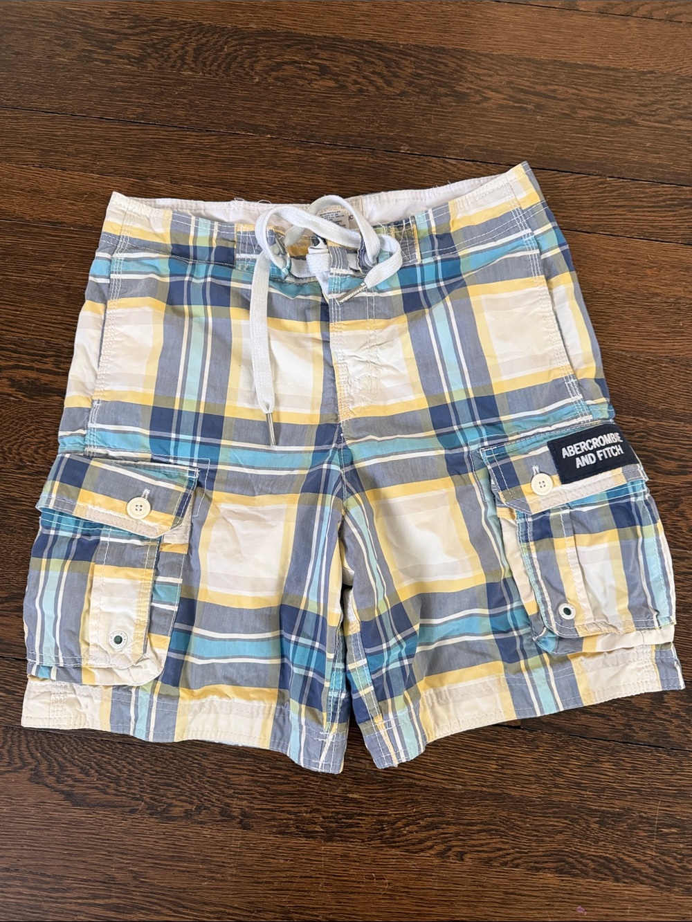 Abercrombie & Fitch Yellow, Blue & White Plaid bathing suit Cargo Shorts